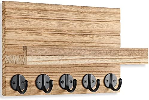 Lwenki Key Holder for Wall, Decorative Key and Mail Holder with Shelf Has Large Key Hooks for Bags, Coats – Paulownia Wood Key Hanger with Mounting Hardware (9.8”W x 6.7”H x 4.2”D) (Burnt Wood) - Image 2