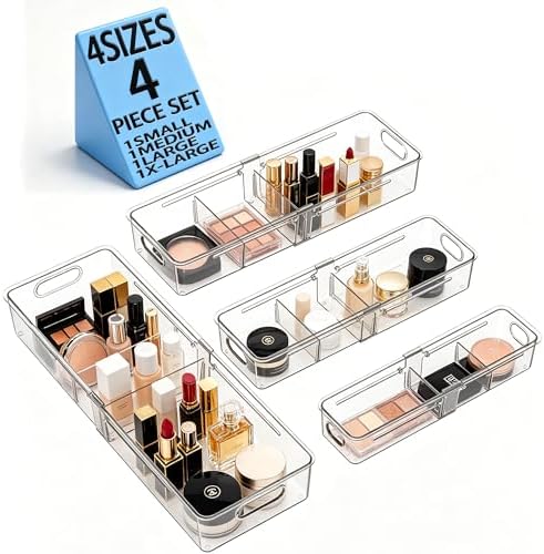 BLULEE Bathroom Drawer Organizer Trays,Clear Makeup Bins,4 Pack by BLULEE