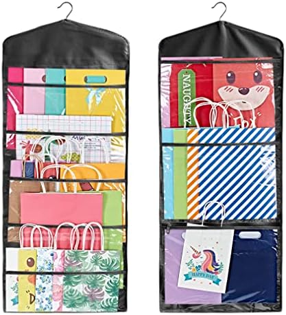 ProPik Hanging Double Sided Gift Bag Storage Organizer with Multiple Front and Back Pockets - Organize Your Gift Wrap, Tissue Paper, and Paper Bags 38 x 16 Inch PVC (Full Black) by ProPik