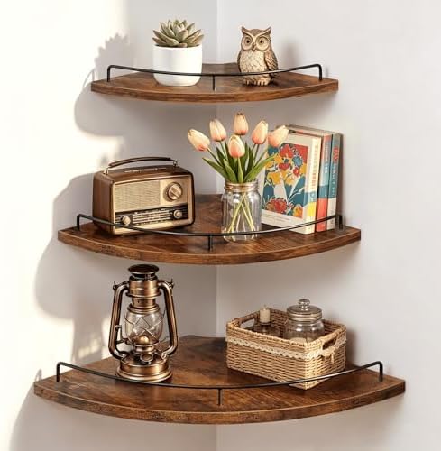 Homode Corner Shelf Wall Mounted Set of 3, Corner Floating Shelves 9/10/12 Inch Deep, Wood Round Corner Hanging Display Shelf with Guardrail for Bathroom Bedroom Kitchen Living Room, Rustic Brown by Homode
