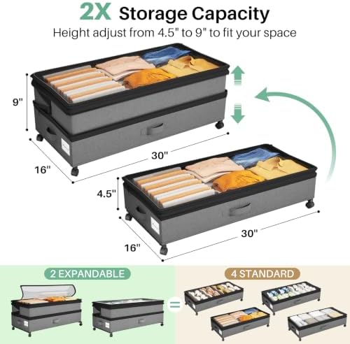 Kitstorack Under Bed Storage with Wheels 2Pack Height-adjustable Under Bed Storage Containers,Under Bed Shoe Storage Organizer with Clear Window&Label, Suitable for Clothes Storage, Gray - Image 3