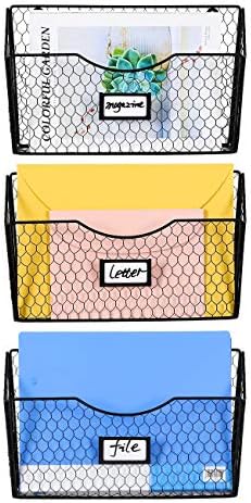 PAG-Mass 3 Pockets Hanging File Holder Wall Mount Mail Organizer Metal Chicken Wire Magazine Rack with Tag Slot, Black by PAG