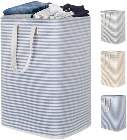 efluky Slim Laundry Basket, Narrow Laundry Hamper with Handles, Collapsible Dirty Clothes Hamper, Tall Laundry Bin for Laundry Room, Dorm and Bedroom, 80L, Striped Blue by efluky