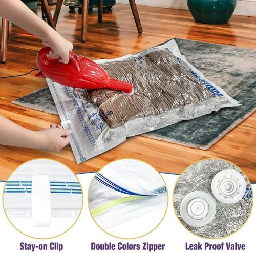 HIBAG Vacuum Storage Bags, 10-Pack Vacuum Seal Bags for Clothing Clothes, Space Saver Bags (2 Jumbo, 2 Large, 2 Medium, 2 Small, 2 Roll-up) with Pump (10-Combo) - Image 5