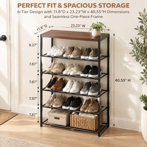 HOMEFORT 6 Tiers Shoe Rack Organizer,23" Shoe Storage Shelf for Closet, Shoe Rack for Entryway, Each Tier Fits 3 Pairs, Shoe Stand with Metal Shelves and MDF Top Board, Walnut - Image 2