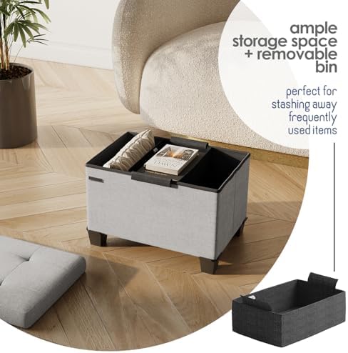 Storage Ottoman Cube with Small Bin, 16-in Square Ottoman with Storage for Living Room and Bedroom, Small Ottomans Foot Rest, Fabric Foot Stools Ottomans Max 330lbs, Light Grey - Image 3