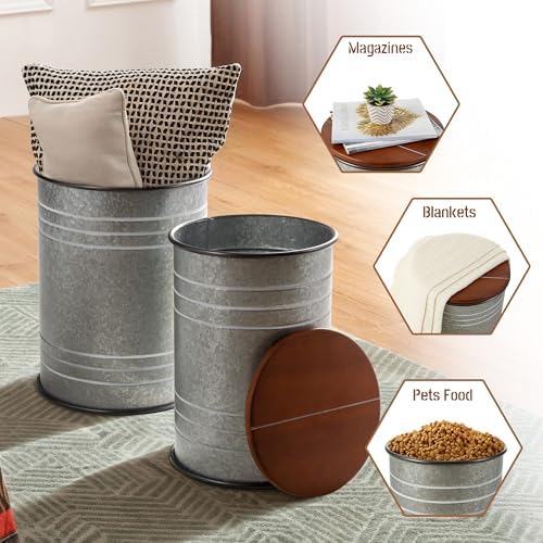 Glitzhome Rustic End Table Set of 2, Farmhouse Galvanized Metal Barrel Ottoman Storage Stool with Round Wood Lid for Living Room Furniture, Grey - Image 5