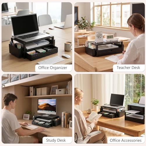 WALI Desk Organizer with Drawer and Pen Holder, 3 Tier Computer Monitor Stand for Home Office Supplies, Laptop Stand Riser for Computer, Laptop, Printer(PTT004-B), 1 Pack, Black - Image 3