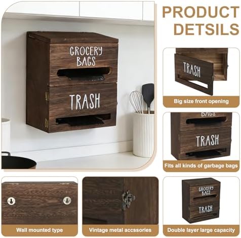 2 in 1 Trash Bag Dispenser, Double Wall Mounted,Wood Trash Bag Holder, used in kitchen, garage, laundry room, can store Environmentally friendly food bags and garbage bags(Dark Wood - Image 3