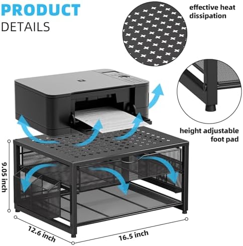 Marbrasse Metal Printer Stand for Desk with Storage Drawer and 2 Pen Holders, 2-Tier Desktop Organizer Printer Table for Home Office, Multi-Purpose Desk Organizer for Fax Machine Scanner Files(Black) - Image 5