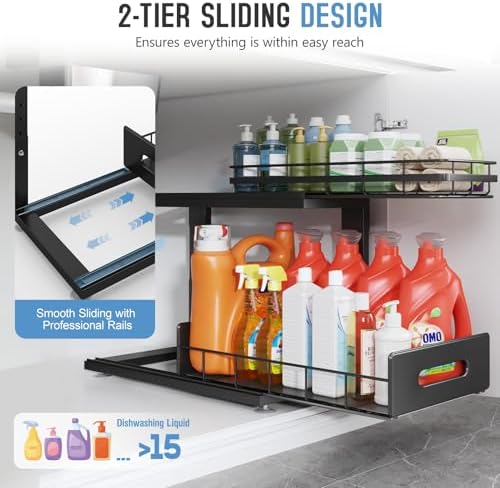 Under Sink Organizer Upgrade To Professional Rails,2-Tier Dual Pull Out Cabinet Storage,Height Adjustable Slide Out Drawers For Bathroom Kitchen,2 Pack-18.5"Dx12.8"-16.9"H,Black - Image 5