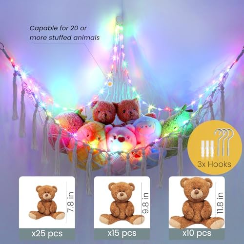 Stuffed Animal Hammock 75LEDs, 20 Colors Warm White 55in Extra Large Storage Macrame Hammock with Remote, USB Powered Hanging Plush Animal Net for Kids Bedroom Doll Room Corner Organizer(XL) - Image 6