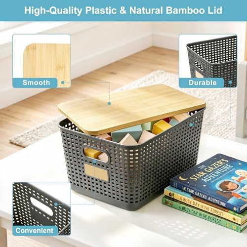 Bagnizer 2 Pack Tall Plastic Storage Bins with Bamboo Lids, 10.8qt Stackable Storages Baskets for Organizing Desktop Closet Playroom Classroom Office, 12"L x 8.3"W x 6.1"H, Gray - Image 3