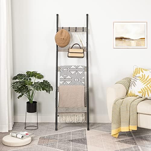 HOOBRO Blanket Ladder, 5-Tier Towel Rack with Hooks, Wall-Leaning Blanket Rack, Decorative Display Ladder Shelf, Scarves, Industrial, Living Room, Bedroom, Greige and Black BG52CJ01 - Image 4
