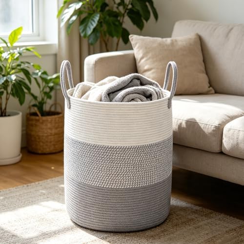 Large Laundry Hamper, Woven Rope Basket with Sturdy Handles- Grey - Image 3