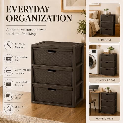 Wide 3-Drawer Plastic Storage Tower, Decorative Organizer Chest, Brown - Image 3