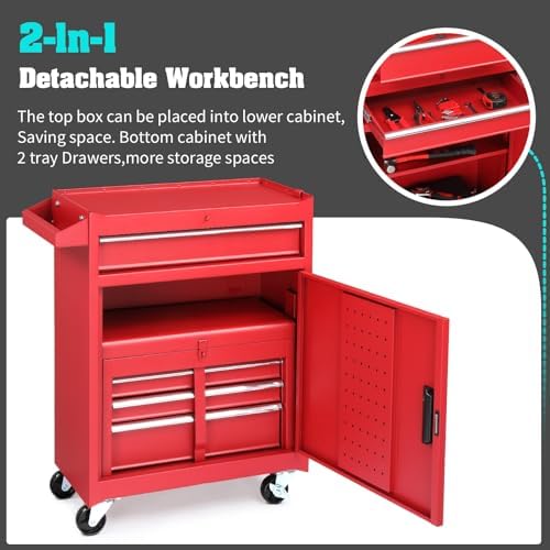 Winado 4-Drawer Rolling Tool Chest, 2-in-1 Large Storage Toolbox, Red - Image 4