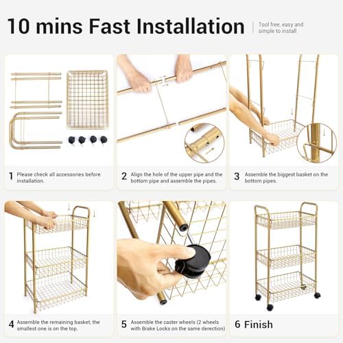 3 Tier Rolling Utility Cart, Storage Trolley Service Cart with Wheels Easy Assembly for Kitchen, Living Room, Office, Salon, Gold - Image 3