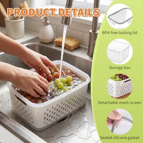 Fruit Storage Containers for Fridge, Grape Containers with Built-In Drain Basket, 2-Pack No-Leak Design, Saves Space, Durable and Easy to Clean, Easy Grab Handle, Keeps Grapes and Berries Fresh - Image 2