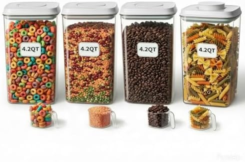 Melovom 4 Pcs Large Pop Airtight Food Storage Containers Set with Lids, 4.2Qt/4L Food Containers with Scoop, Kitchen Pantry Organization and Storage, BPA Free Stackable Cereal Container (4 * 4.2Qt) by Melovom