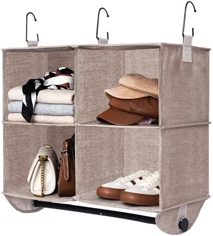 StorageWorks Hanging Closet Organizer with Rod, 4 Sections, 2 Tiers, Brown by StorageWorks