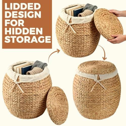 Storage Standard Wicker Basket with Lid Decorative Storage - Large Blanket Basket for Living Room, Plants, Organization, Handwoven Water Hyacinth Material w/Removable Cotton Liner & Tall Round Design - Image 5