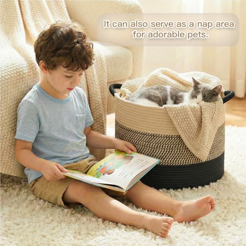 Artfeel 40L Large Cotton Rope Basket, Decorative Woven Blanket Storage for Living Room, Boho Toy Storage & Toy Box for Kids, Versatile Laundry Basket & Nursery Hamper for Blankets(BlackBrown) - Image 3