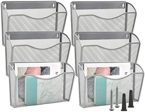 EASEPRES 6 Single Pocket Mesh Hanging File Organizer, Vertical Wall Mounted Magazine File Holder, Mount Basket Mail Paper Document Folder Organizing for Office, Home and School, Silver by EASEPRES