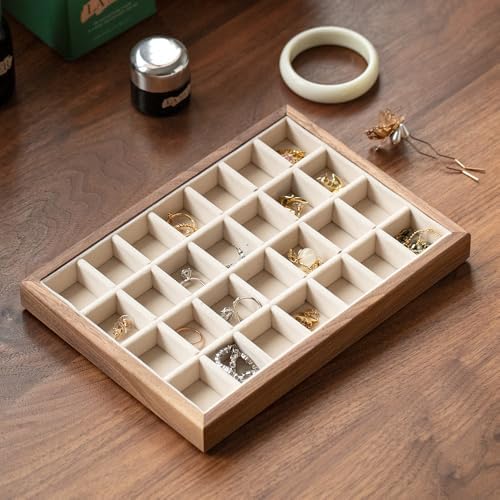 28-Grid Black Walnut Wooden Jewelry Tray with Velvet Lining, Premium Jewelry Display Tray for Earrings and Rings, Drawer Organizer Display Tray for Women's Jewelry Collection - Image 4