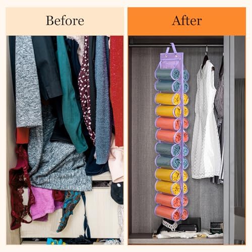 Lirex Hanging Yoga Legging Storage Organizer with 24 Pockets, Foldable Oxford Cloth Hanging Closet Organizer Shirts Jeans Storage Hanger Socks Holder for Family Closet Bedroom, Purple - Image 4