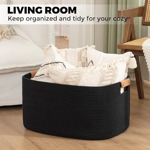 danpinera Large Blankets for Living Room, 72 L Woven Cotton Rope Baskets for Storage, Organizing Kids Toys & Dog Toys, Large Basket Organizer for Nursery, Bedroom, Bathroom, 22’’*17’’*11.8’’ Black - Image 3