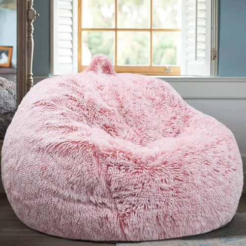 Fluffy Stuffed Animal Storage Bean Bag Chair Cover (No Filler), Faux Fur Comfy Bean Bag Cover for Organizing Plush Toys or Textile, for Adults Teens Kids Girls,Dusty Pink by Unknown