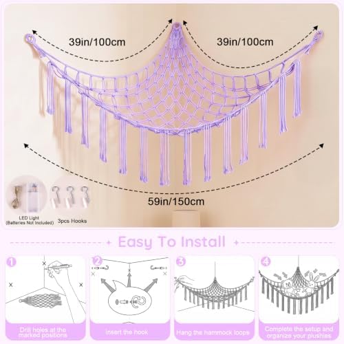 Basumee Stuffed Animals Hammock with LED Light Corner Net, Girls Room Decor - Image 6