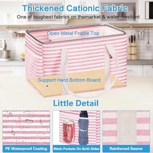 LHZK Standing Utility Tote Bag with Metal Wire Frame and the Sides Rinforced, Large Tote Bag with Handle, Reusable Grocery Bags Foldable, Beach Bag, Car Tote (Pink, 18.5''x11.8''x11.5'') - Image 4
