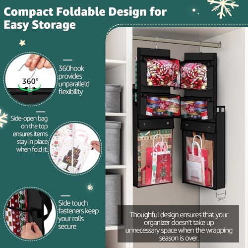 Hanging Wrapping Paper Organizer Storage, Over Door Gift Wrap Roll Holder - Image 4