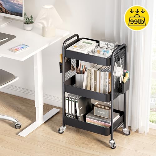 TOOLF 3 Tier Rolling Cart, Metal Utility Storage Cart with Pegboard, Black - Image 2