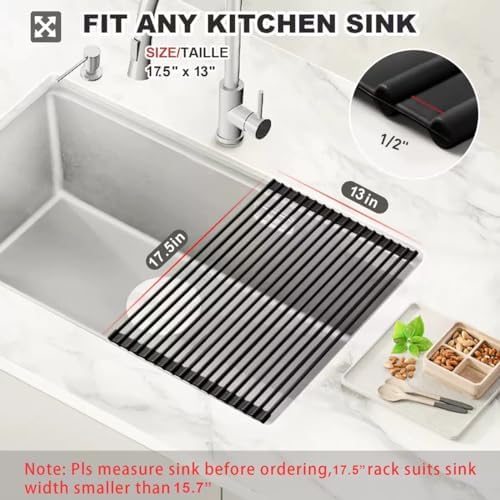 MERRYBOX Roll Up Dish Drying Rack Silicone Wrapped Over The Sink Dish Drying Rack Multipurpose Foldable Sink Drying Mat Anti-Slip & Anti-Rust Dish Rack for Kitchen, 17.5" x 13", Black - Image 2