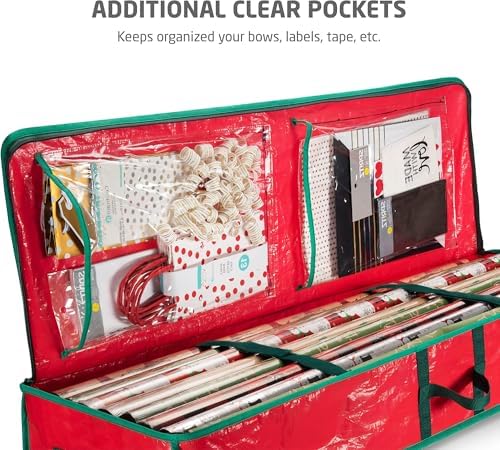 ZOBER Gift Wrapping Paper Organizer Storage - 40" Gift Wrap Storage Containers With Interior Pockets For Bows, Tags & Ribbons - Wrapping Paper Holder, Waterproof, Fits 24 Standard Rolls, Red - Image 4