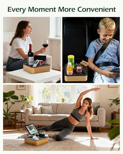 Couch Cup Holder Tray, Bamboo Couch Caddy with Rotatable Phone Holder for Bed Organizer, Waterproof Anti-spill Sofa Cup Holder for Snacks Beverage Remote Black - Image 6
