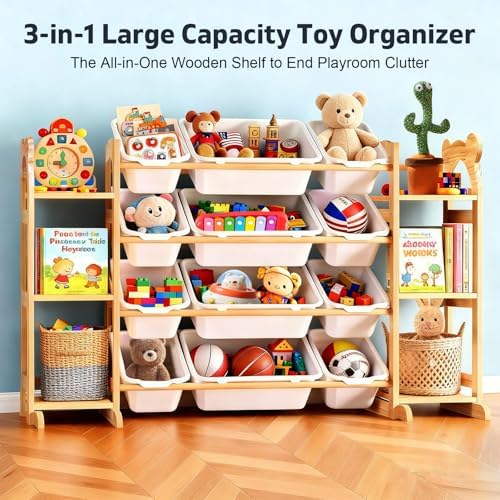 Toy Storage Organizer with 6 Shelves and 12 Bins, Toy Organizers and Storage Shelf with Bookshelf and Bookcase, Toys Box for Kids Room & Playroom & Bedroom & Nursery - Image 3