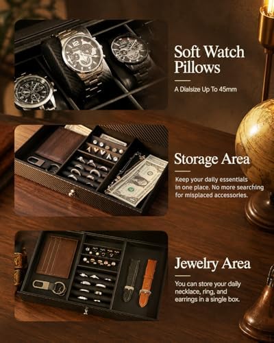 GUKA Watch Box, 12 Slot Watch Case, Watch Cases for men with Real Glass Lid, Synthetic Leather Watch Organizer storage with Jewelry Case, Birthday for Men and Women, Black, GK-012-BKCX - Image 5