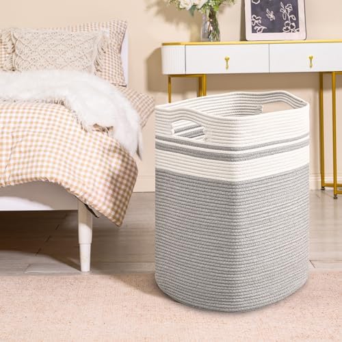ICERZCZ 78L Laundry Hamper, Woven Rope Tall Laundry Basket with Handles, Decorative Blanket Basket for Bedroom, Bathroom, Collapsible Baskets for Toys, Clothes, 16”x14”x22”, White & Grey - Image 6