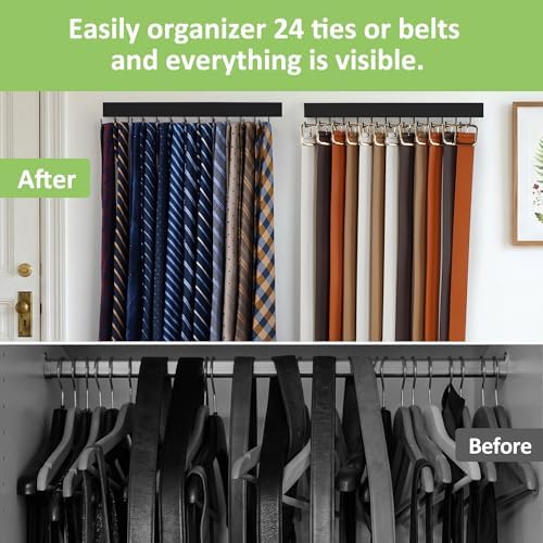 2 Pack Tie Hanger Wall Mounted, Wooden Tie Rack Belt Hanger with 24 Non Slip 180° Rotating Hooks, Belt Organizer Space Saving Tie Hanger for Closet, Tie Holder & Tie Organizer, Black - Image 2