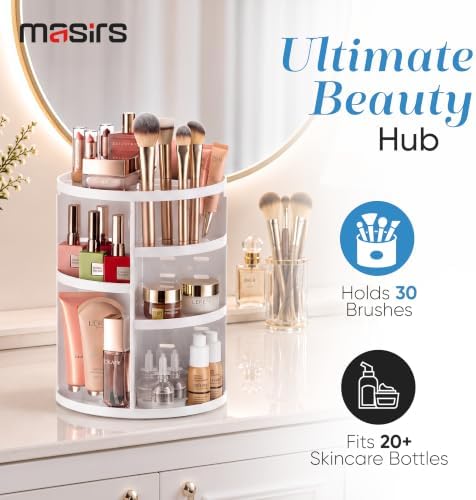 Masirs 360 Rotating Makeup Organizer Countertop, Adjustable Shelf, White - Image 5
