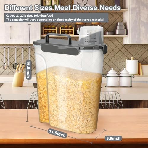 Komzon Rice Storage Containers, Rice dispenser with Pouring Spout Portable Handle for Flour, Pasta, Grain and Baking, Pet Dog Cat Bird Food Container 20 LB Grey - Image 3