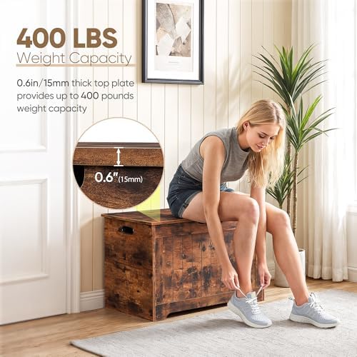 SUPER DEAL Storage Chest, 30 inches Chest Box Organizer with 2 Safety Hinges, Wooden Entryway Storage Bench, Rustic Brown - Image 6