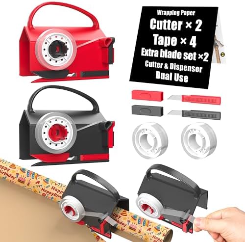Wraprocut (2-Pack) Wrapping Paper Cutter & Tape Dispenser Dual Use with 4 Tapes，2 Replace Blades Kit for Christmas Gift Wrap Cutter Tool Paper Roll Holder Tube Sliding Slicing for Birthday Holiday. by wraprocut