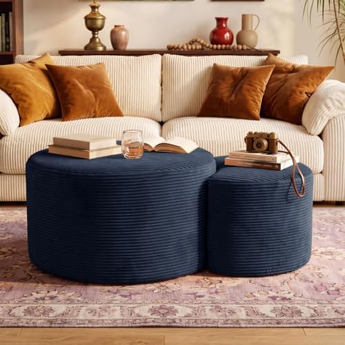 BSHOMGI Nesting Coffee Table Set of 2,Corduroy Ottoman Soft Foot Rest Movable LargePouf Footstool for Living Room Sofa Couch Bedroom Entryway and Small Spaces No Assembly (Blue, 32"+17") by BSHOMGI