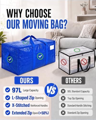 Moving Bags, 97L Heavy Duty Storage Bags Strong Handles & Zipper, 6-Pack - Image 4