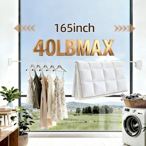 Anti-Sag Retractable Clothesline 40LB Capacity - 165in Stainless Steel Laundry Line for Indoor Outdoor, Wall Mounted Space Saving Easy Install (Gray, Single line) - Image 5